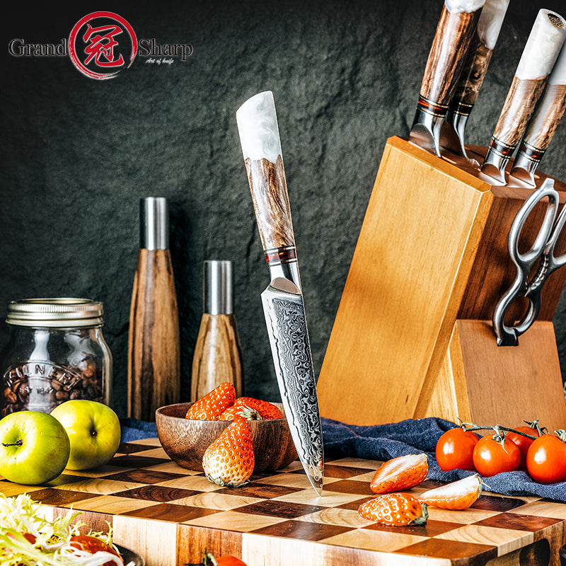 Grandsharp Professional 5 Inch Utility Knife 67 Layers Damascus Steel 10Cr15C0Mov Kitchen Knife with White Resin Handle Gift Box
