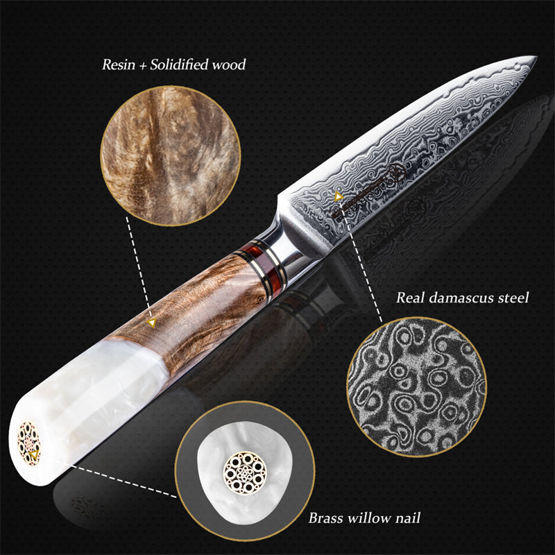 Grandsharp Professional 5 Inch Utility Knife 67 Layers Damascus Steel 10Cr15C0Mov Kitchen Knife with White Resin Handle Gift Box