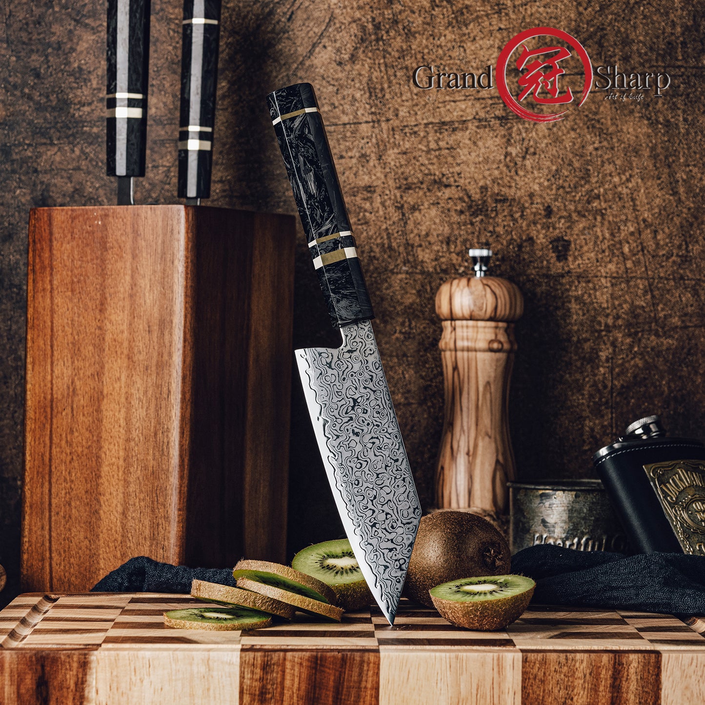 Grandsharp 10Cr15CoMoV Damascus Handmade Bunka Knife