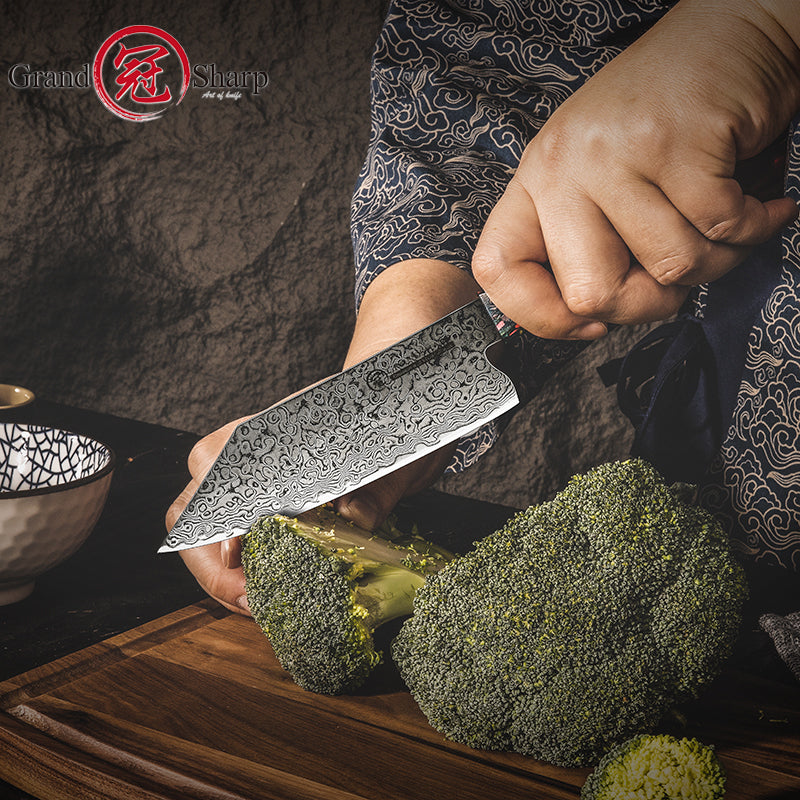 Grandsharp 5.5" Japanese 67 Layers Damascus Steel Bunka Prep Knife With Red Resin and Solidified Wood Handle