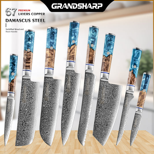 Grandsharp Damascus 10Cr15CoMoV Kitchen Chef Bread Paring Fruit Cleaver Knife Set