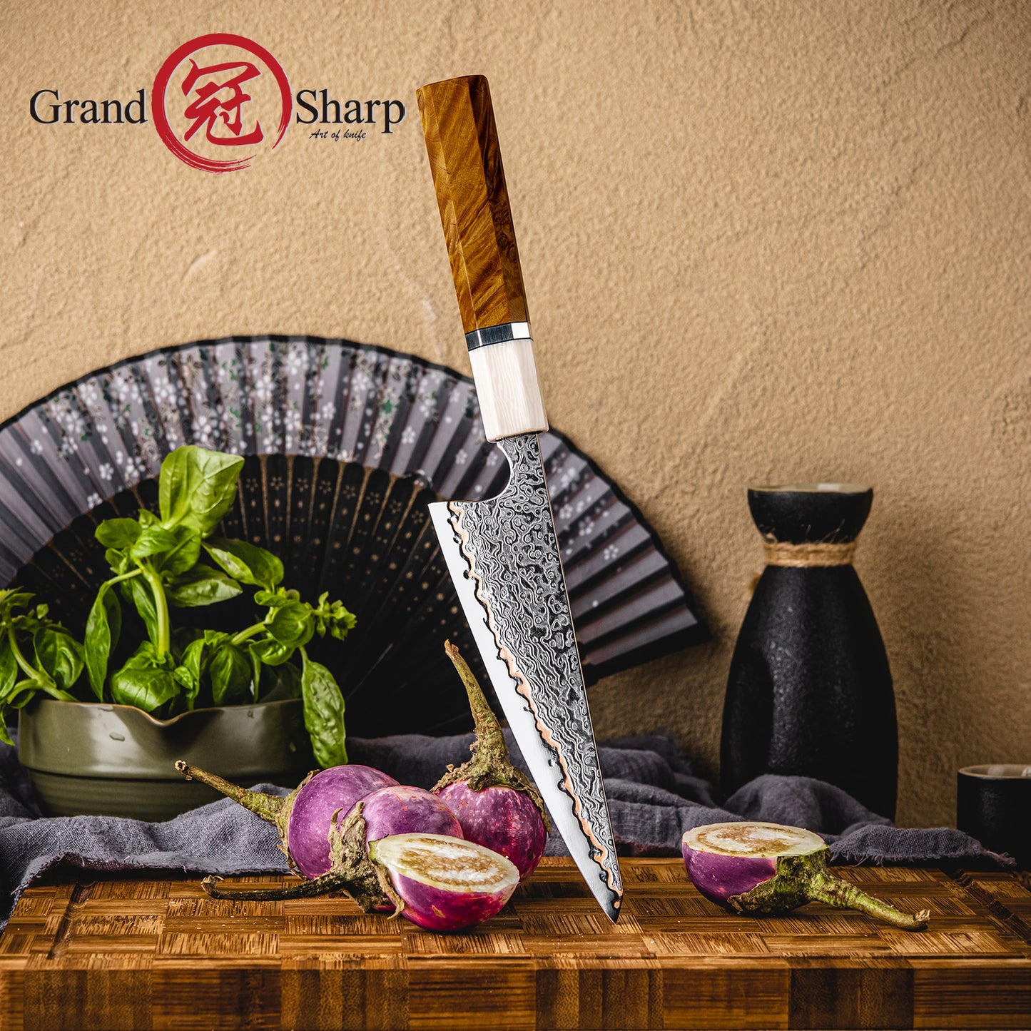 Grandsharp 55 Layer Copper Damascus Steel 6 Inch Garasuki Knives with Solidified Wood Handle