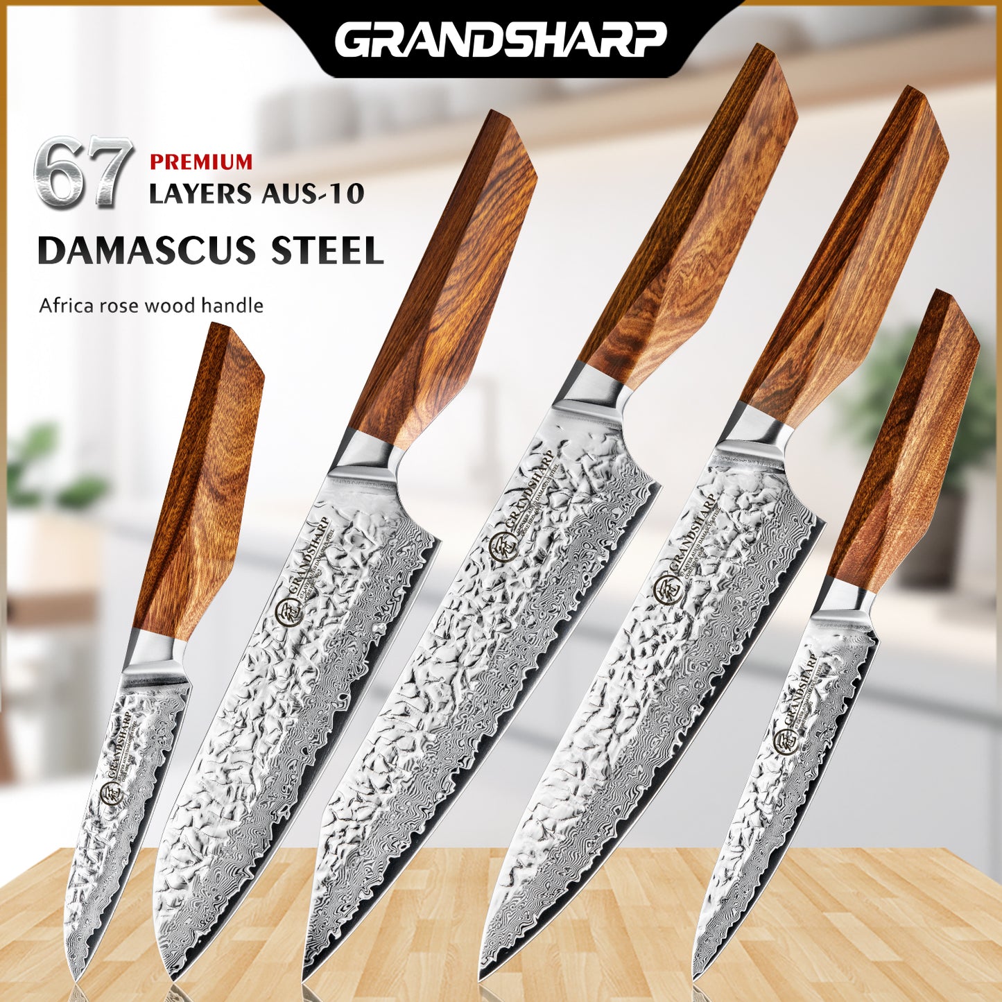 Grandsharp Premium 1-5pcs Damascus Kitchen Knife Set 67 Layers AUS-10 Cutting Core Africa Rose Wood Handle Meat Food Cutter