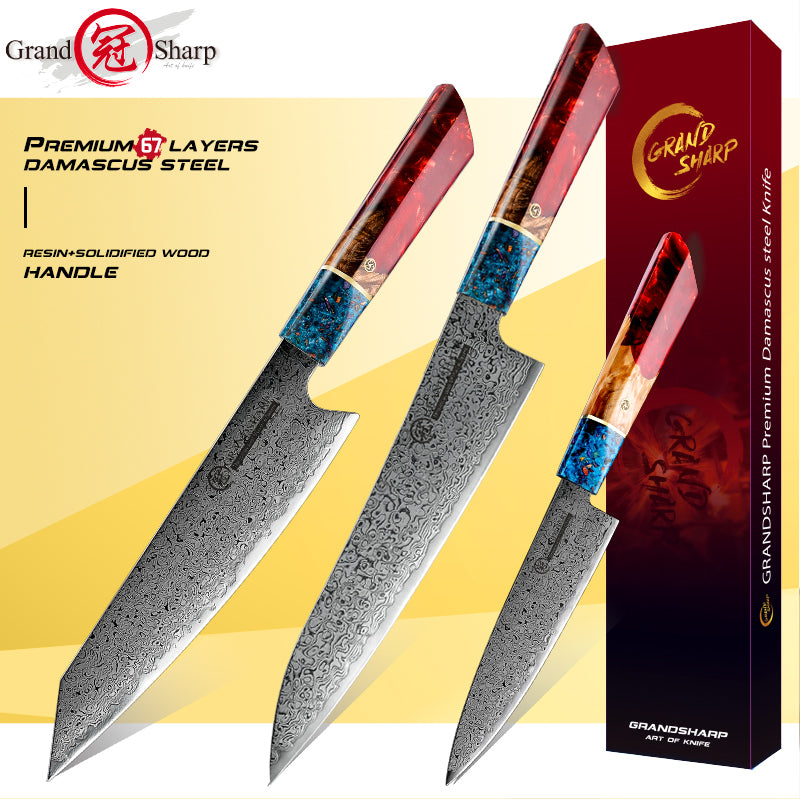 3Pcs Professional Knife Set Japanese AUS-10 Kitchen Chef Knife Damascus Stainless Steel Kiritsuke Utility Knives Meat Slicer Cooking Tools