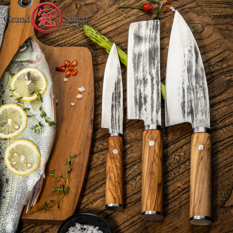 Professional Handmade Forged Kitchen Knife 5Cr15Mov High Carbon Steel Chef Nakiri Utility Knives Fish Meat Slicer with Olive Wood Handle