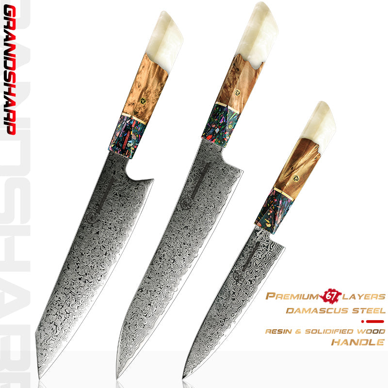 3Pcs Professional Knife Set Japanese AUS-10 Kitchen Chef Knife Damascus Stainless Steel Kiritsuke Utility Knives Meat Slicer Cooking Tools