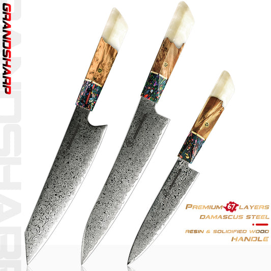 3Pcs Professional Knife Set Japanese AUS-10 Kitchen Chef Knife Damascus Stainless Steel Kiritsuke Utility Knives Meat Slicer Cooking Tools