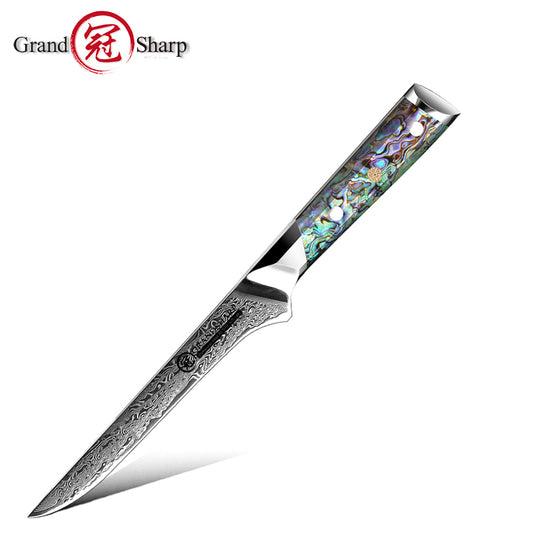 Grandsharp Abalone Handle Damascus Boning Knife
