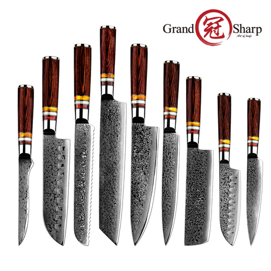 Grandsharp Hot-sale Damascus Kitchen Knife Set 67 Layers Damascus Steel Santoku Boning Kiritsuke Cleaver Utility Chef Knives Set
