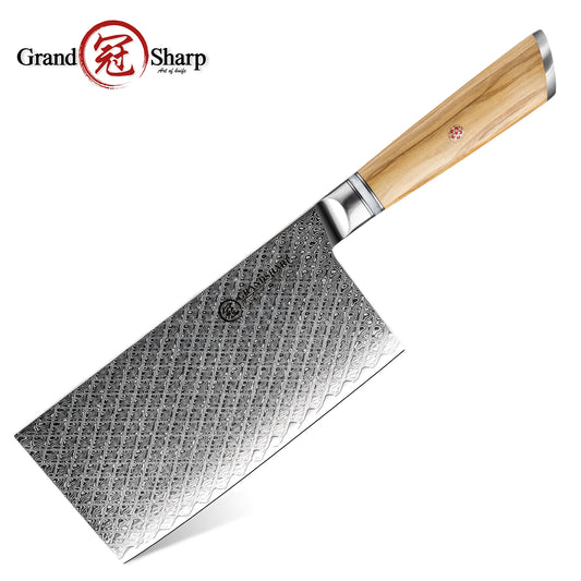 Grandsharp Custom Olive Wood Handle Damascus Cleaver Chinese Cai Dao