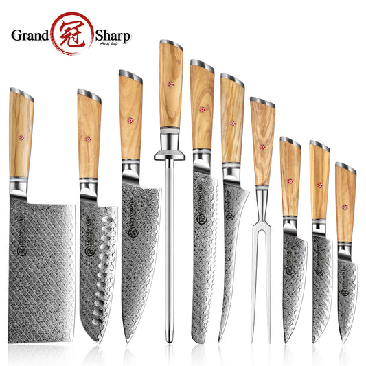 Grandsharp Custom Olive Wood Handle Damascus Kitchen Knife Collection