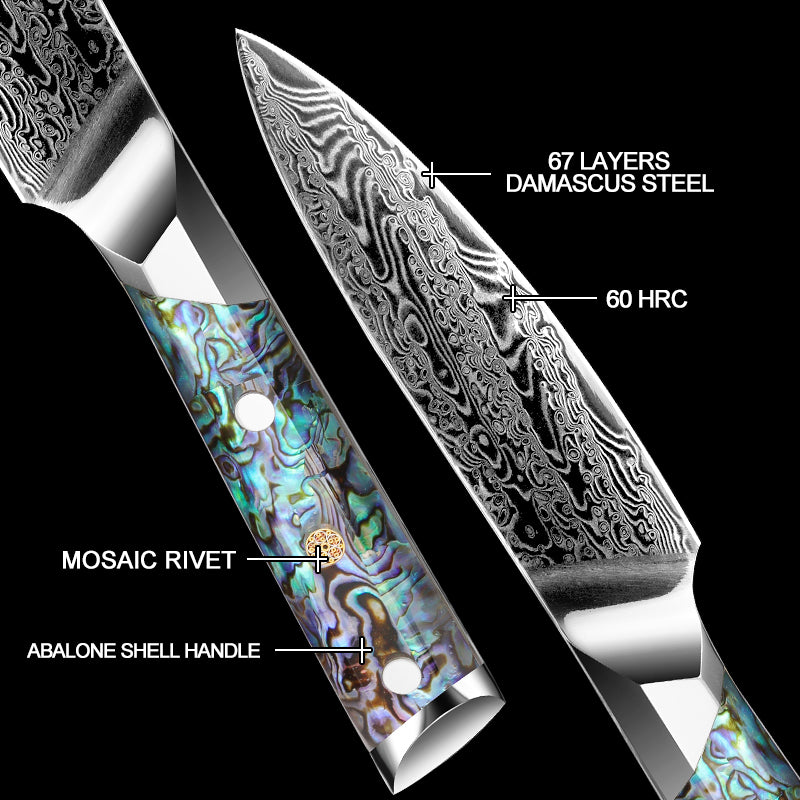 Grandsharp Abalone Shell Handle AUS10 Damascus Kitchen Set 3.5" Paring Knife