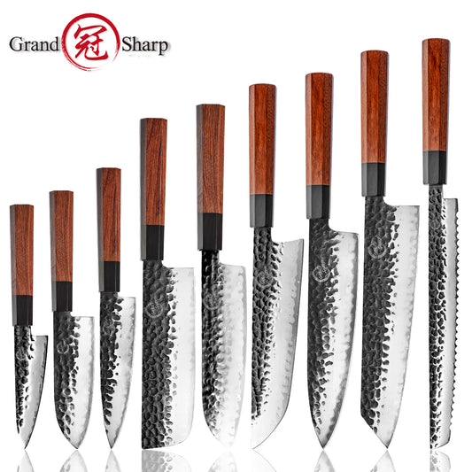 Grandsharp Handmade Forged San Mai Steel Kitchen Chef Knife Set with Mkuruti Wood Handle