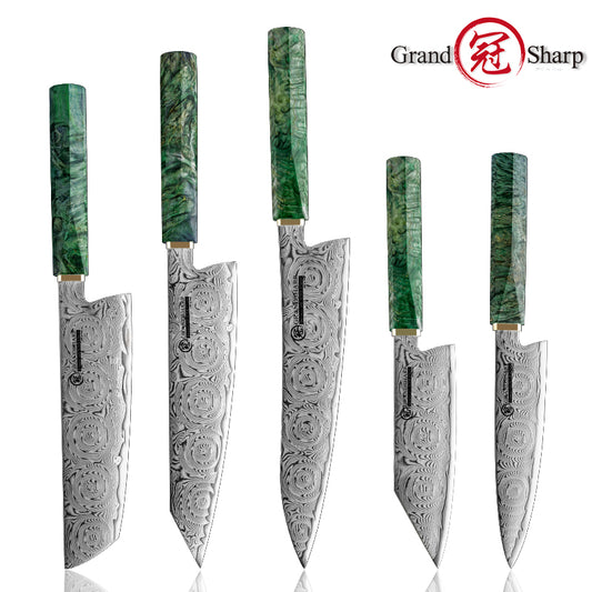 Grandsharp Rose Pattern 67 Layers Damascus Kitchen Chef Knife with Green Handle