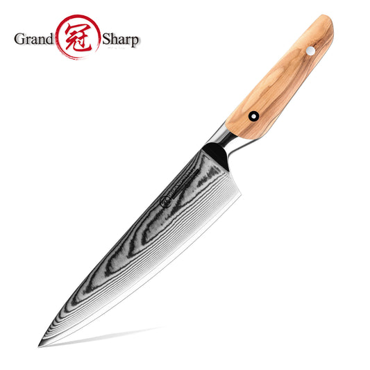 Grandsharp Olive Wood Handle Damascus Chef Knife