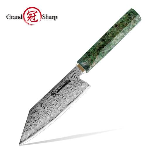 Grandsharp Rose Pattern 67 Layers Damascus Bunka Prep Knife with Green Handle
