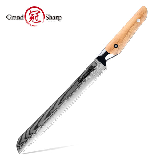 Grandsharp Olive Wood Handle Damascus Bread Knife