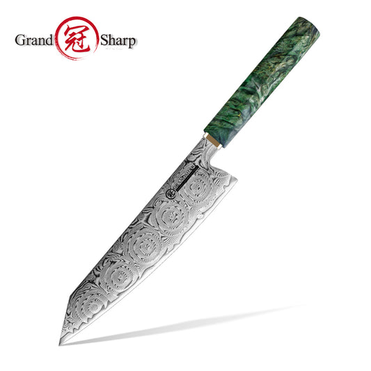 Grandsharp Rose Pattern 67 Layers Damascus Kiritsuke Chef Knife with Green Handle