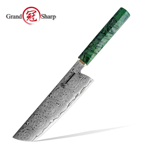Grandsharp Rose Pattern 67 Layers Damascus Nakiri Knife with Green Handle