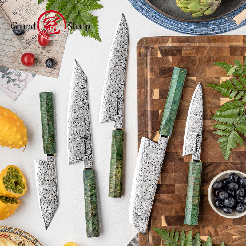 Grandsharp 67 Layers Damascus Kitchen Chef Knife Set with Green Solidified Wood Handle