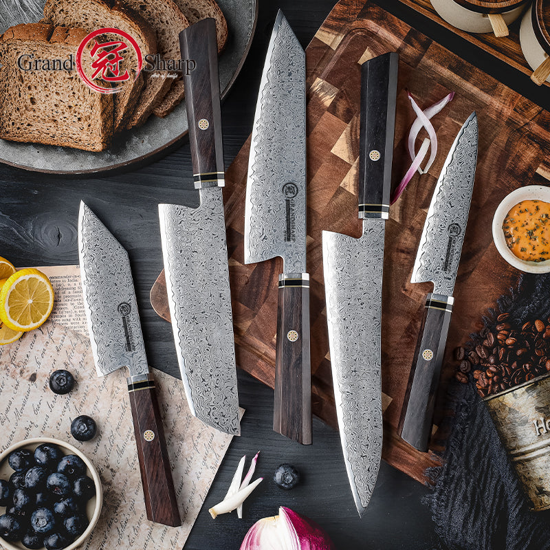 Grandsharp Damascus Kitchen Knife Set Chef Kiritsuke Santoku Nakiri Utility Knife with Ebony Handle