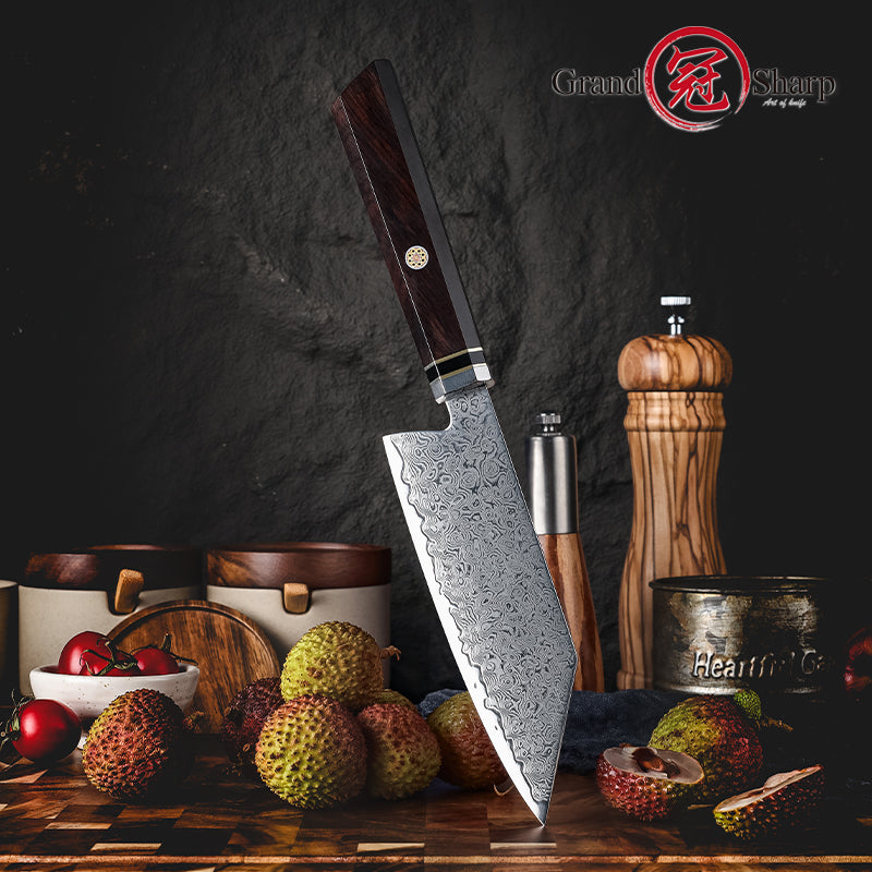 Grandsharp Kitchen Chef Knife 67-Layers Damascus Carbon Stainless Steel Bunka Knife with Wood Ebony Handle