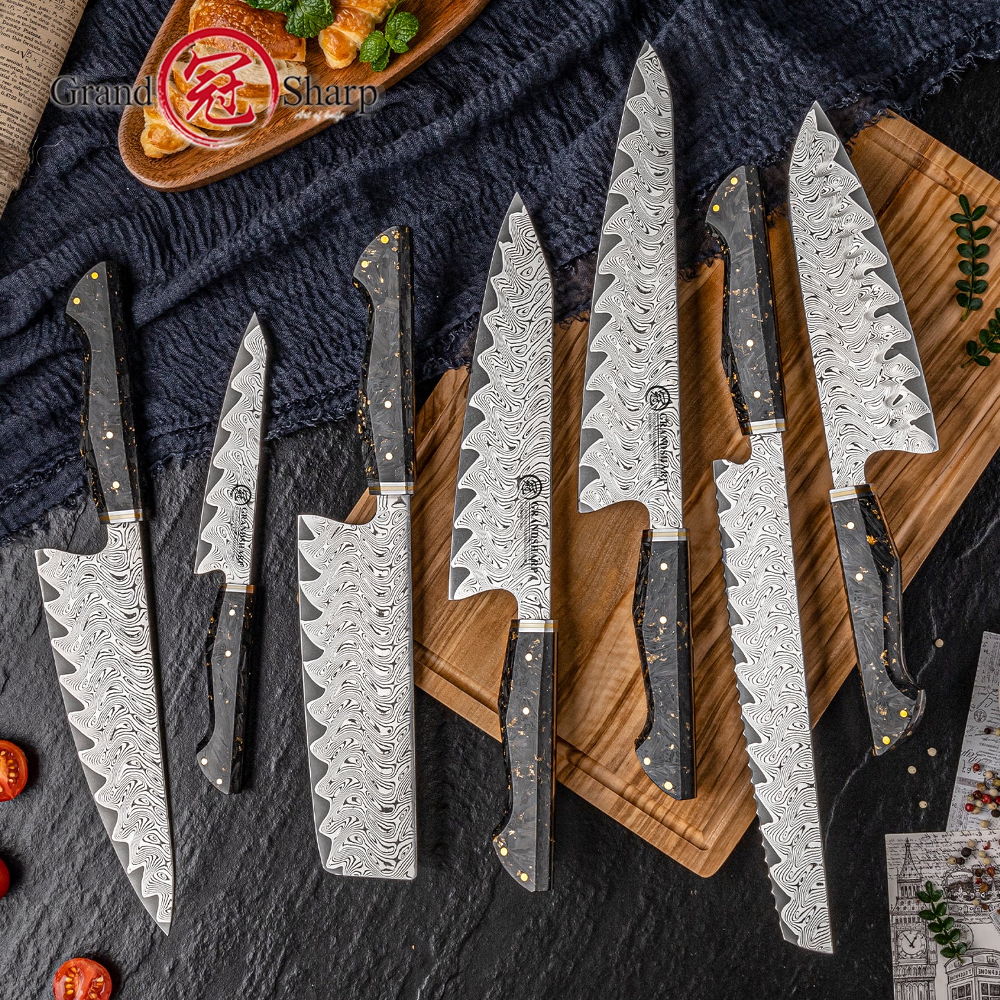Grandsharp 1-7pcs Kitchen Knives Set 67 Layers Damascus Steel AUS-10 High Carbon Steel 60±2HRC with Carbon Fiber Handle for Cooking Vegetable Fruit