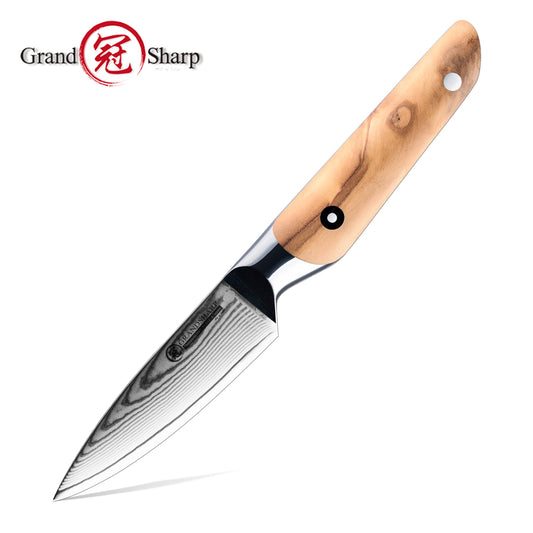Grandsharp Olive Wood Handle Damascus Fruit Paring Knife