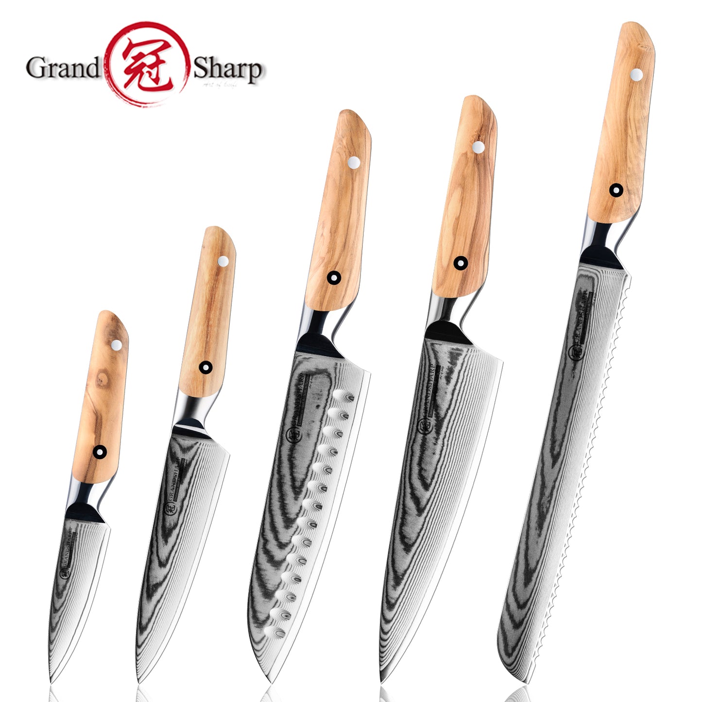 Grandsharp Olive Wood Handle Damascus Kitchen Chef Knife Collection