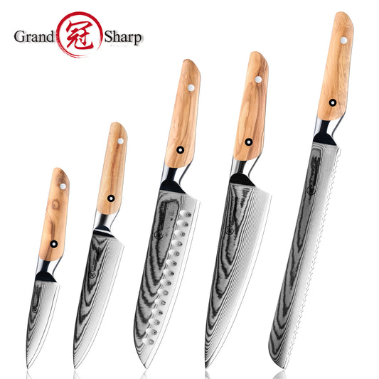 Grandsharp Olive Wood Handle Damascus Kitchen Chef Knife Collection
