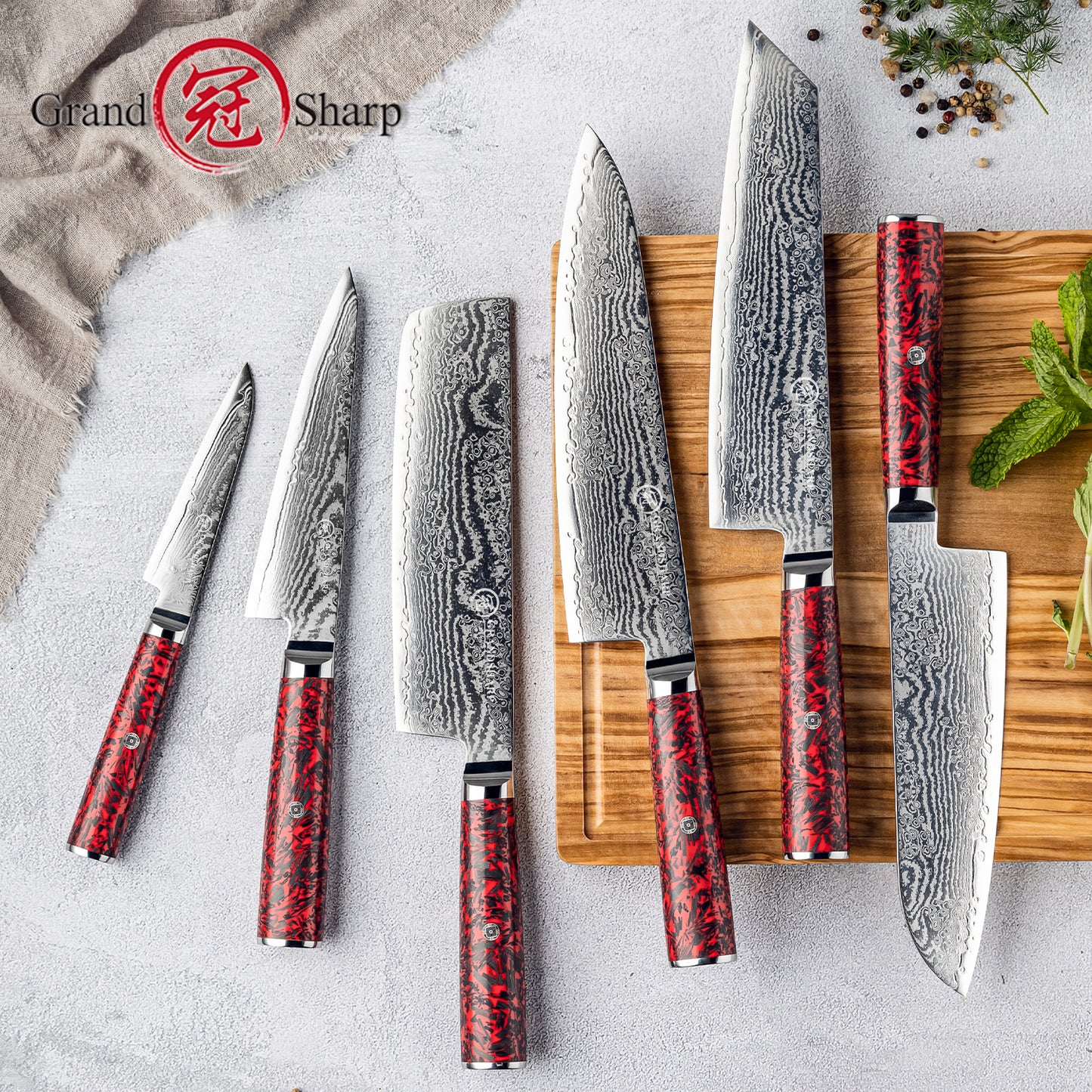Grandsharp 67 Layers Damascus S35VN Powder Steel Kitchen Chef Knife Set