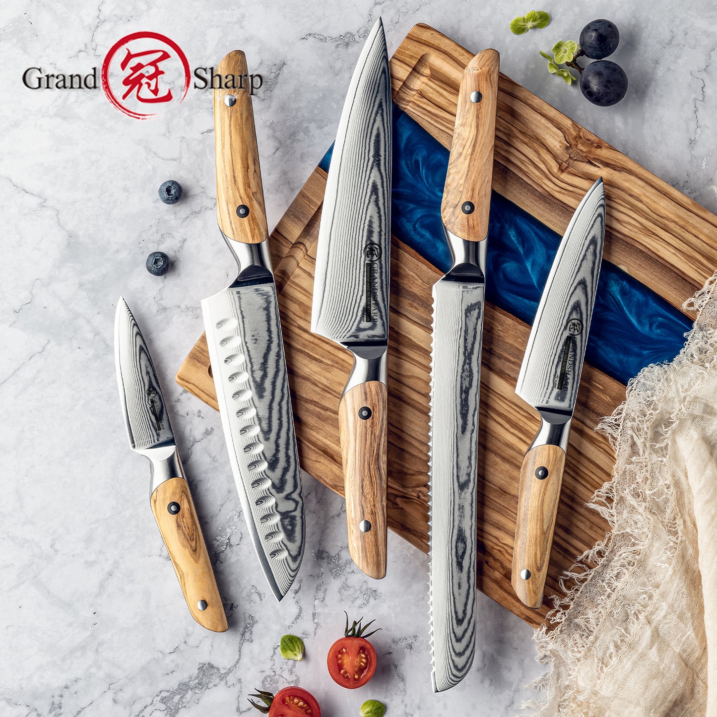 Grandsharp Premium Chef Knife Set 6 Pcs 67 Layers Damascus Steel Chef Kitchen Knives Sharpening Rod Sets with Olive Wood Handle