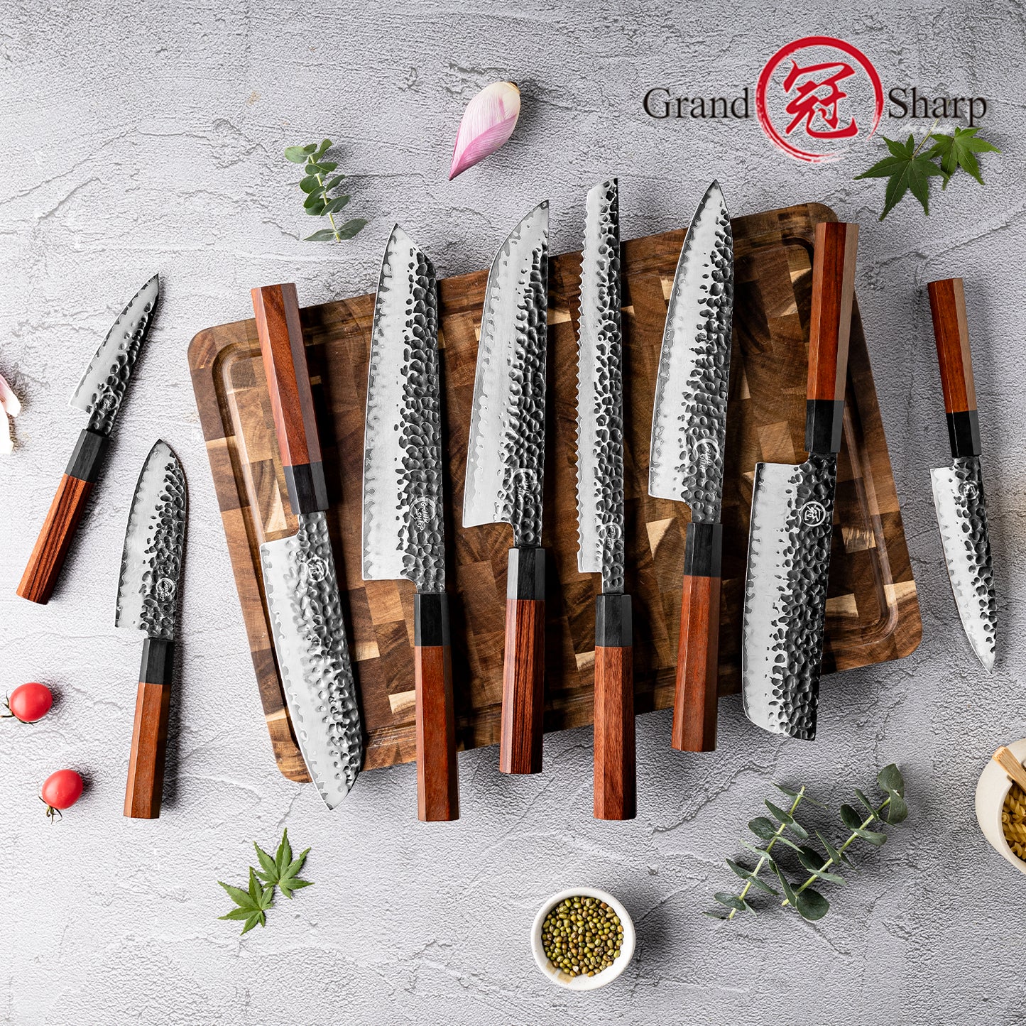 Grandsharp Handmade Forged San Mai Steel Kitchen Chef Knife Set with Mkuruti Wood Handle