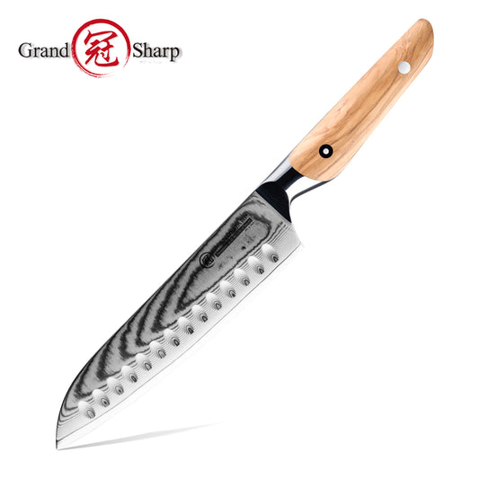 Grandsharp Olive Wood Handle Damascus Santoku Chef Knife
