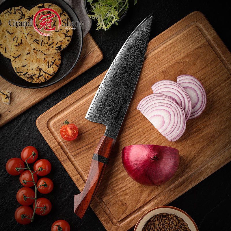 Grandsharp 8 Inch Damascus Chef Knife for Kitchen High Carbon Stainless Steel Cutting Knife Sandal Wood Handle