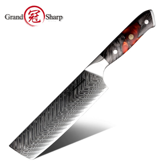 Grandsharp Damascus Steel Nakiri Knife with Resin & Wood Handle