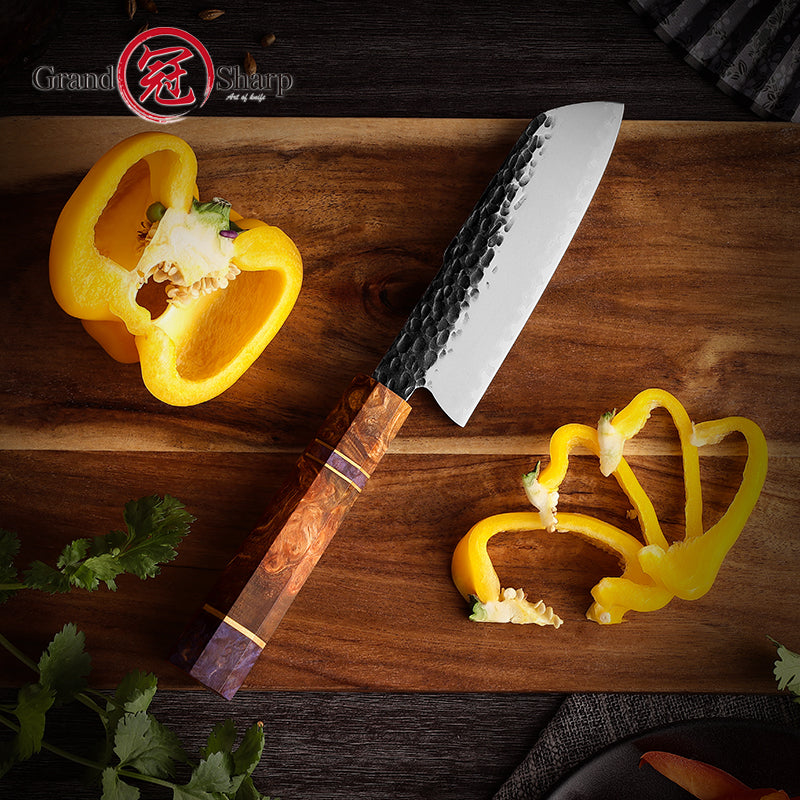 Grandsharp Handmade Forged Kitchen Santoku Knife Modern AUS10 Steel Santoku Knives Cutting with Solidified Wood Handle