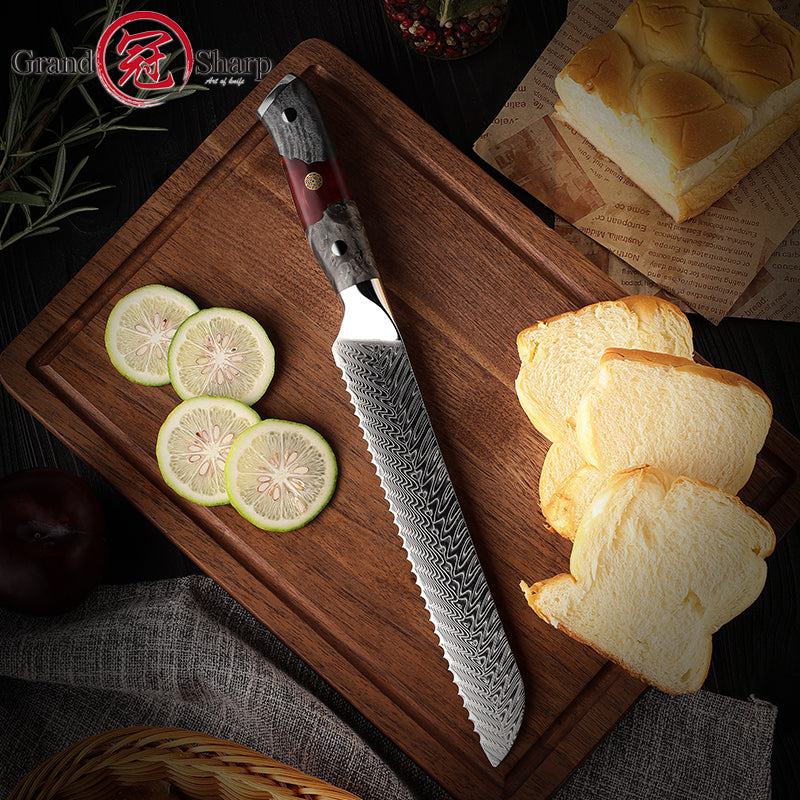Luxury 8.2 Inch Professional Damascus Steel Serrated Kitchen Bread Knife AUS10 Bread Cutting Slicer with Wood Handle