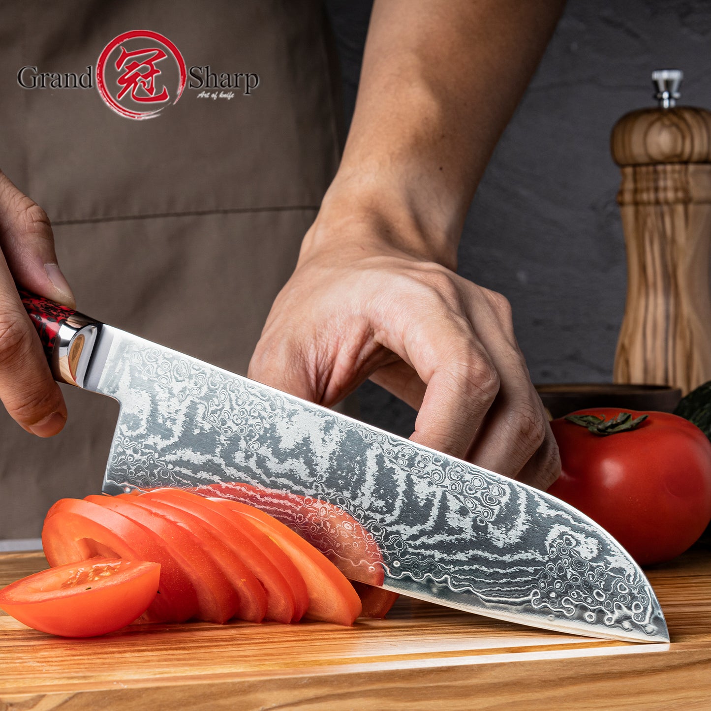 Grandsharp 7'' Santoku Knife 67 Layers S35VN Damascus Steel Carbon Fiber Red Risen Handle