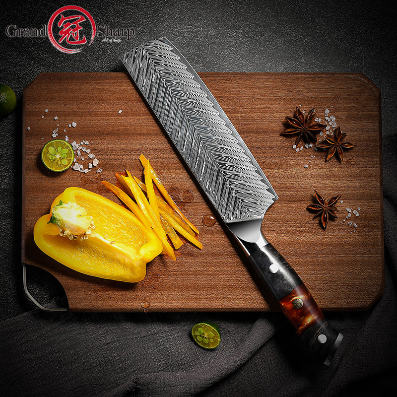 Grandsharp 7"Nakiri Chef Knife 67 Layers Damascus Steel AUS10 Kitchen knife with Resin and Solidified Wood Handle