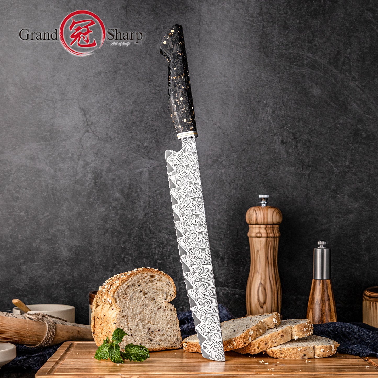 Grandsharp Damascus Steel 9.5 Inch Bread Knife 67 Layers Kitchen Bread Knives Carbon Fiber and Gold-foil Resin Handle