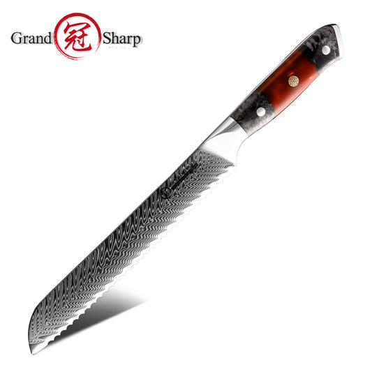 Grandsharp Damascus Steel Serrated Bread Knife with Resin & Wood Handle
