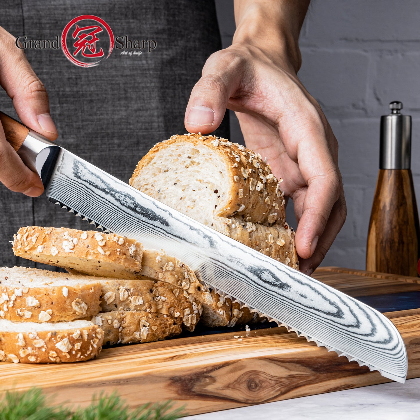 Grandsharp 10 Inch Bread Chef Knife 67 Layers Damascus Steel Kitchen Bread Knife Cutting Bread Knife with Olive Wood Handle