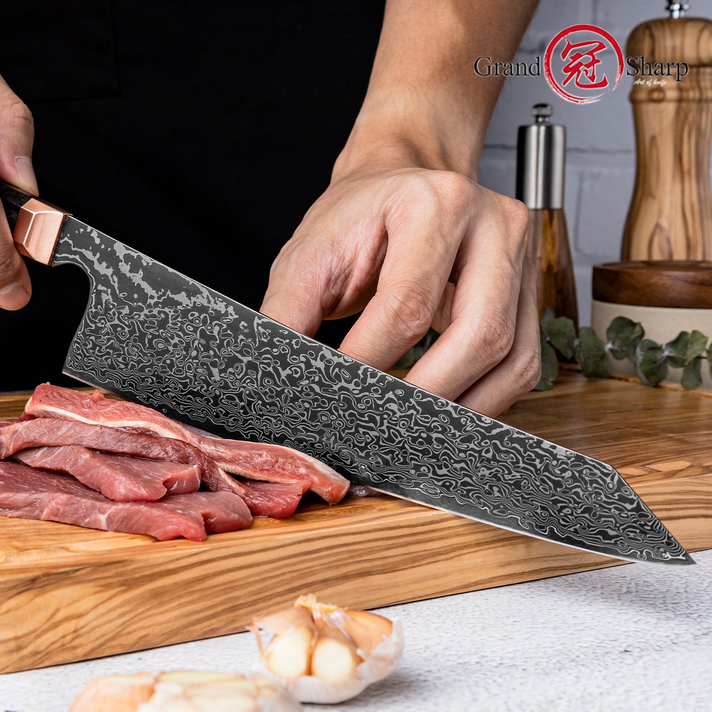 Grandsharp 8.5 Inch 67 Layers Damascus Steel Japanese Cooper Black Kitchen Kiritsuke Chef Knives Cutting Carbon Fiber Handle