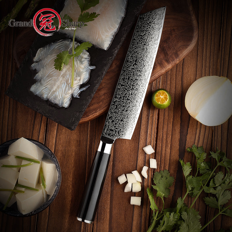 Grandsharp Black Handle 10Cr15CoMoV Damascus Kiritsuke Knife