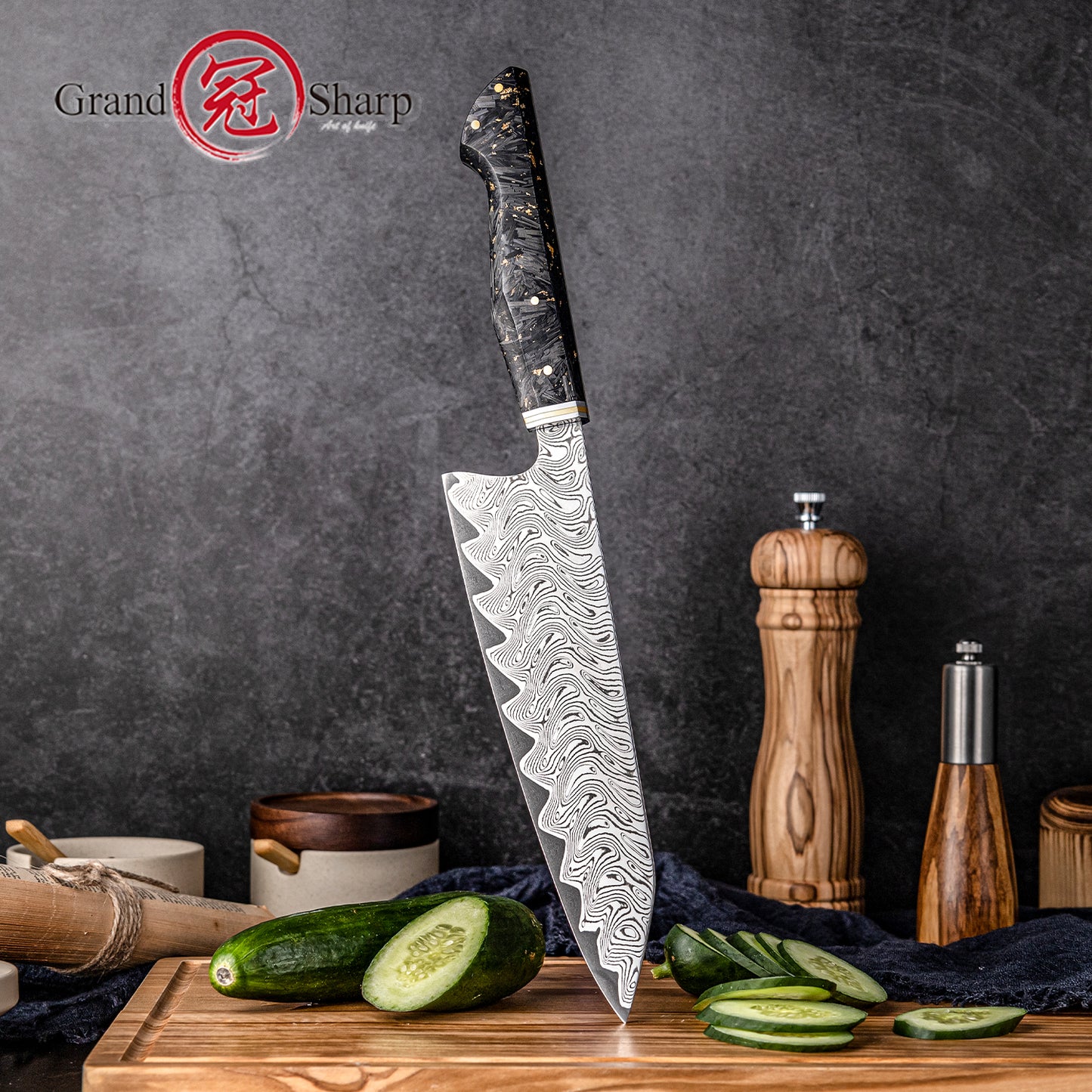 Grandsharp 8 Inch Kiritsuke Chef Knife Premium Damascus 67 Layers Carbon Fiber Resin Handle