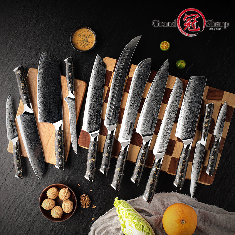 Grandsharp Premium 67 Layers Damascus Stainless Steel Kitchen Chef Knife Sets with Black Carbon Fiber and Gold-foil Resin Handle