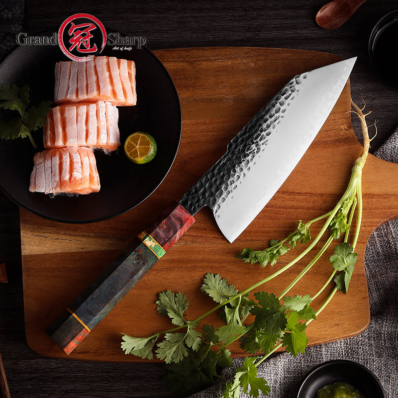 Grandsharp 7 Inch Handmade Forged 3 Layers AUS10 Steel Krirtsuke Knife Solidified Wood Handle