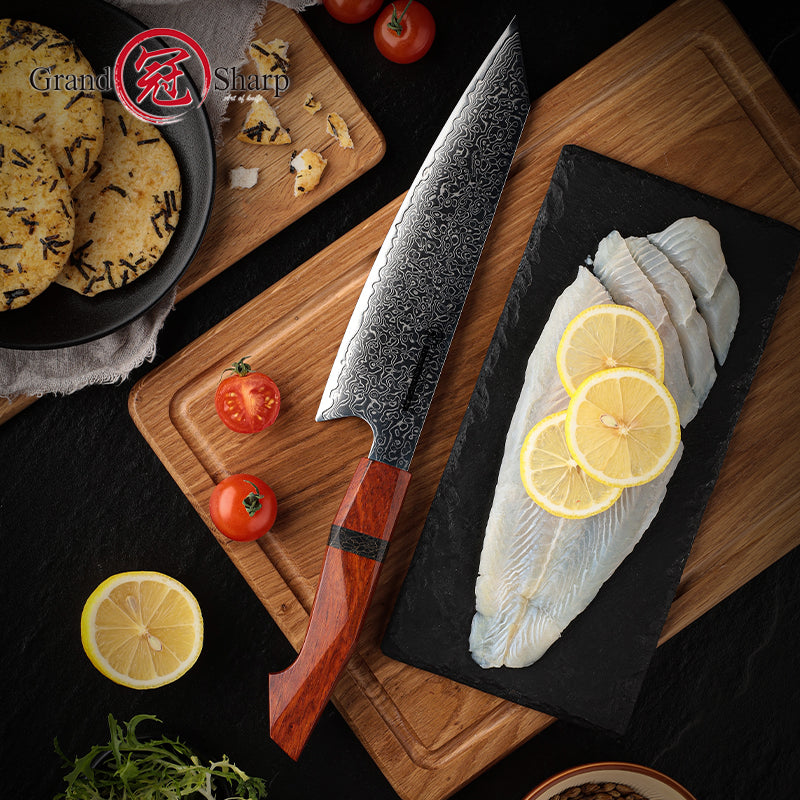Grandsharp 7.5'' Damascus Steel Chef Kiritsuke Knife 67 Layers Japanese 10CR15MOV Steel Kitchen Chef Knives Sandal Wood Handle