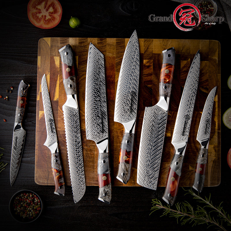 Grandsharp Solidified Wood & Red Resin Handle 67 Layers Damascus Steel 60HRC Kitchen Boning Paring Utility Messer Kitchen Knives Set